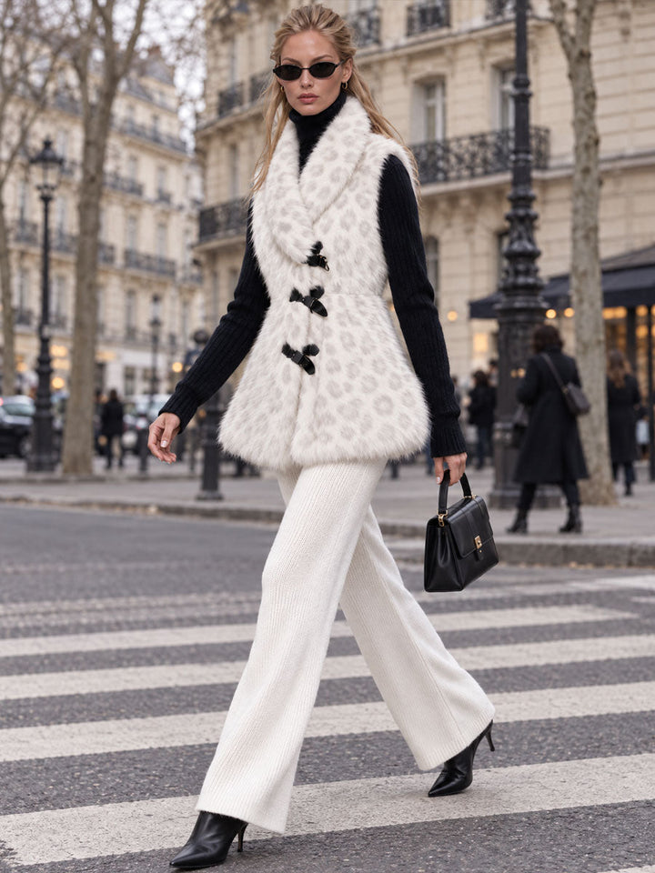 Fashionable Retro Leopard Print Off-white Faux Fur Vest