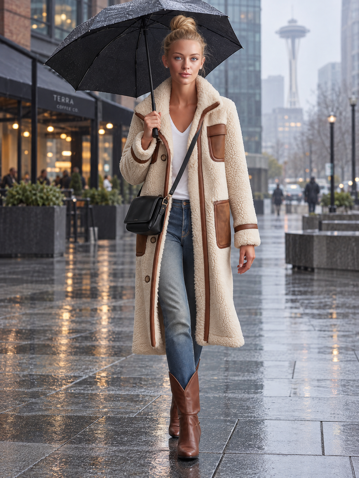 Retro Color-Block Sherpa Lapel Faux Suede Jacket For Women, view 6 - Elena Harper