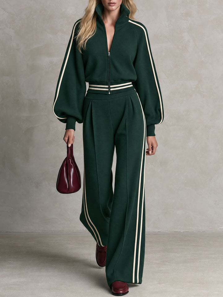 Sporty Retro Casual Color-blocked Striped Green Zip-up Sweatshirt And Pants Set - Elena Harper