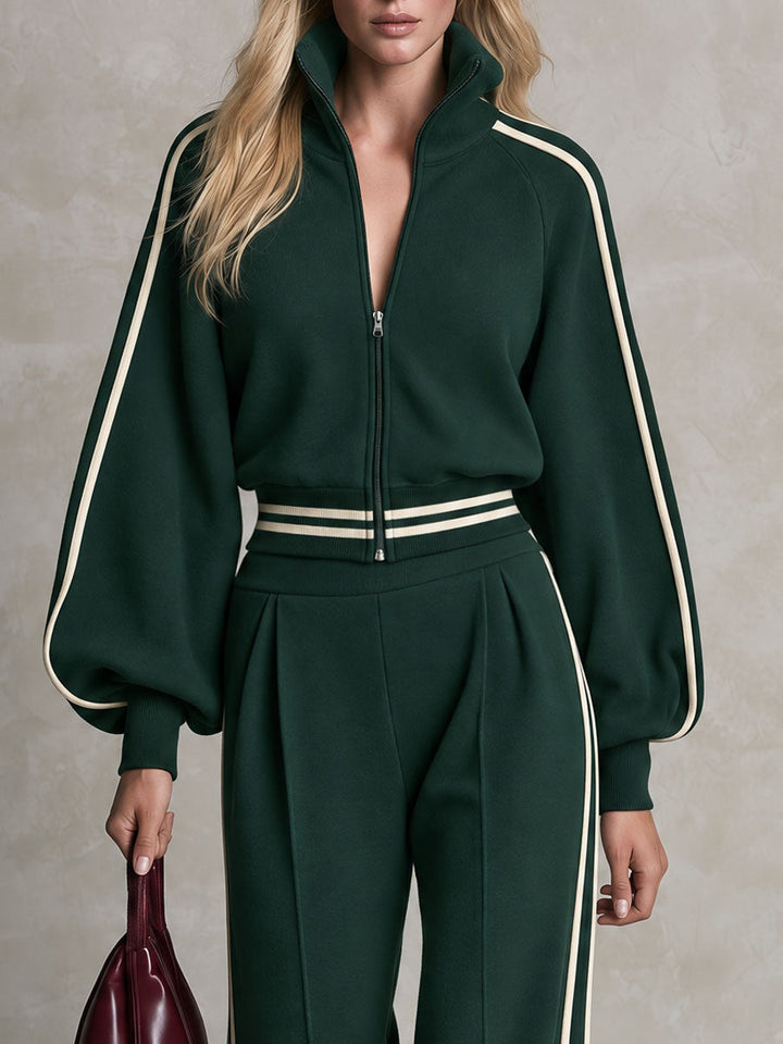 Sporty Retro Casual Color-blocked Striped Green Zip-up Sweatshirt And Pants Set, view 4 - Elena Harper