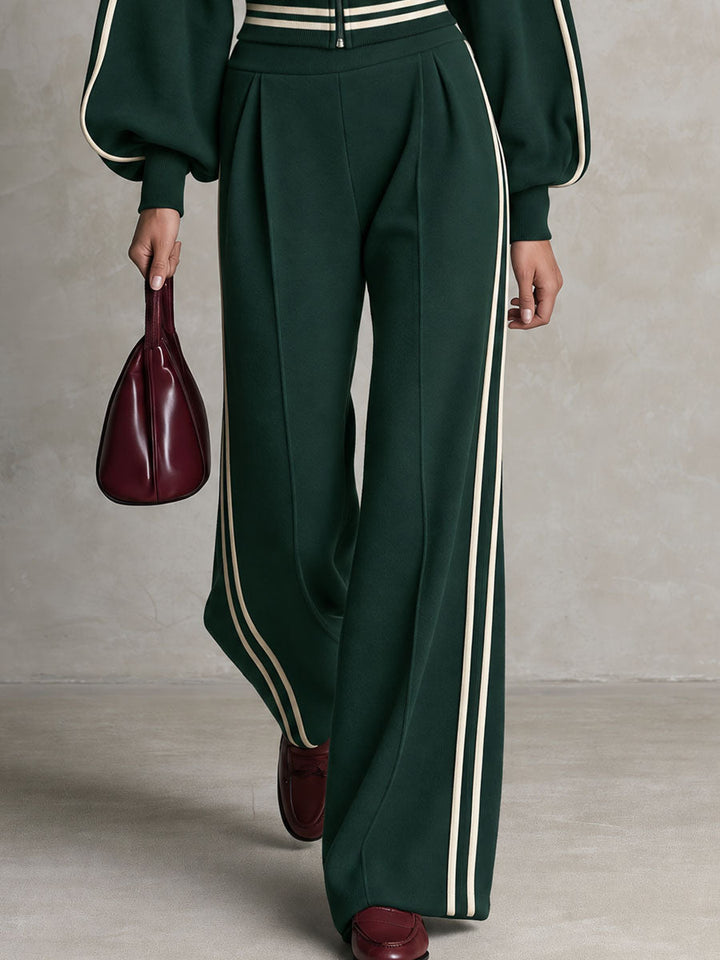 Sporty Retro Casual Color-blocked Striped Green Zip-up Sweatshirt And Pants Set, view 5 - Elena Harper