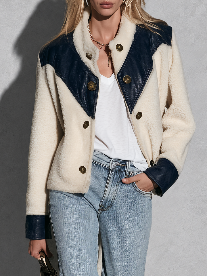 Retro Western Blue And White Sherpa Fleece Jacket With PU Leather Panels - Elena Harper