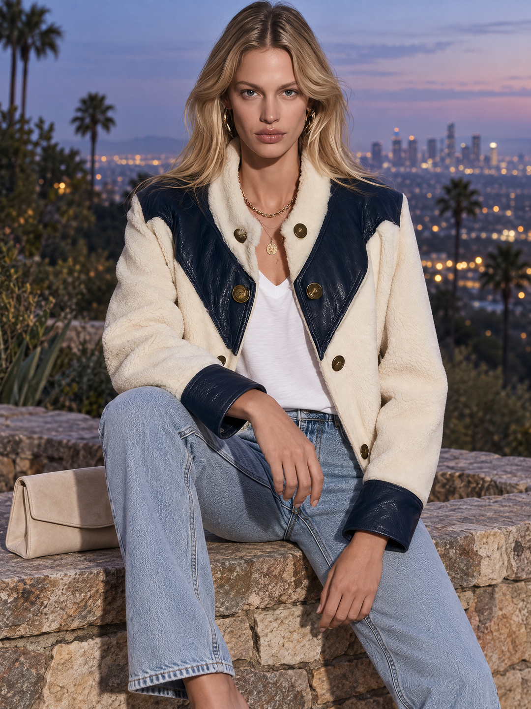 Retro Western Blue And White Sherpa Fleece Jacket With PU Leather Panels, view 5 - Elena Harper