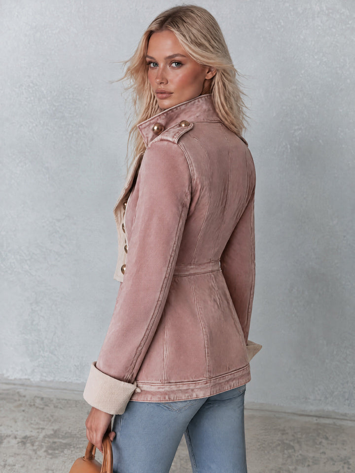 Stylish Retro White Corduroy Pink Double-Breasted Denim Coat
