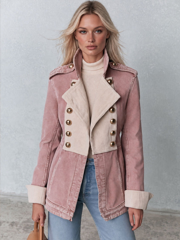 Stylish Retro White Corduroy Pink Double-Breasted Denim Coat
