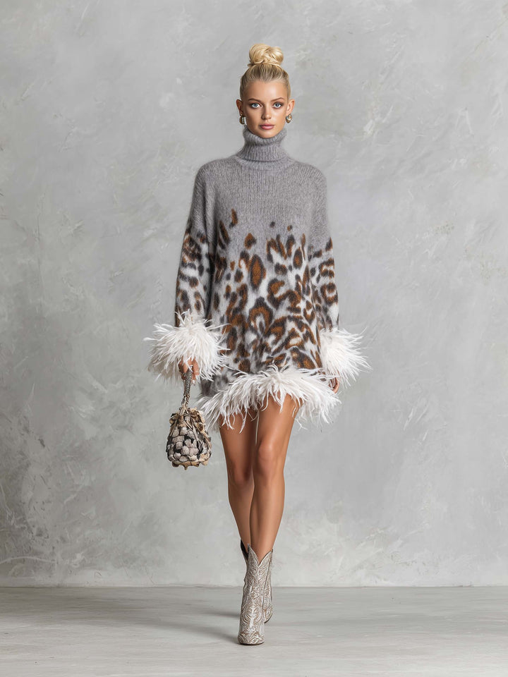 Glam Leopard Print Feather Trim Fuzzy Knit Oversized Turtleneck Mini Sweater Dress