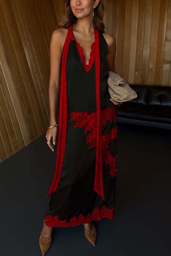 Sunday Social Contrast Color Satin Lace Trim Mid Rise Maxi Skirt (Shipped Within 24 Hours), view 9 - Elena Harper