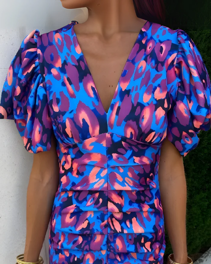 Haline Elegantly Cut Midi Dress with Puff Sleeves, view 7 - Elena Harper