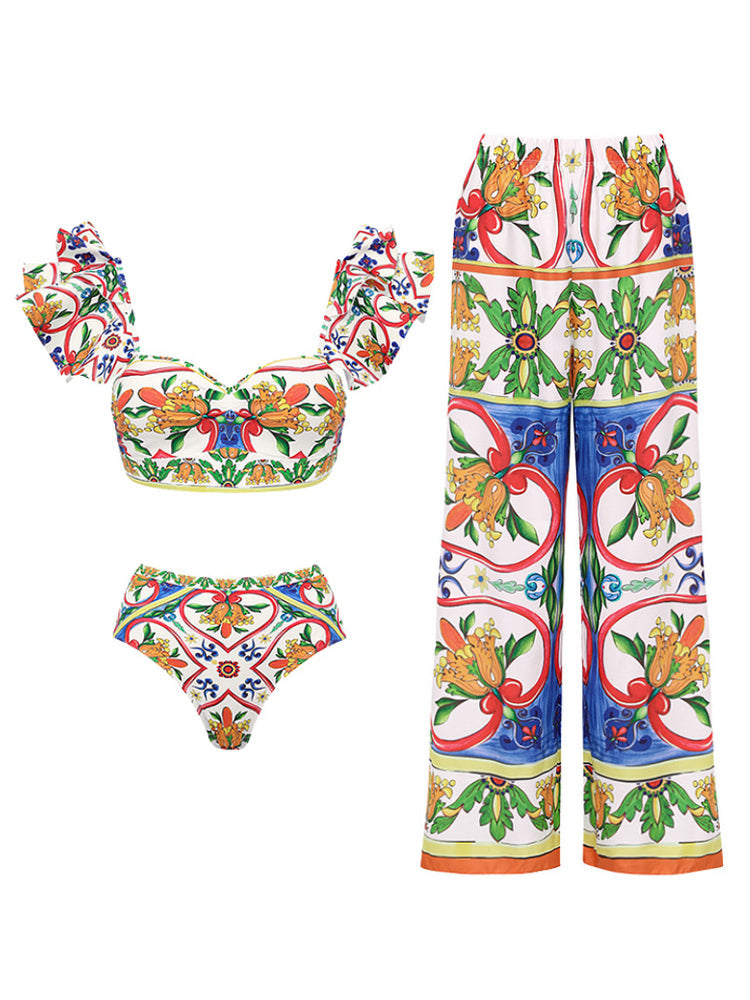 Ruffle Enamel Floral Bikini Swimsuit Set
