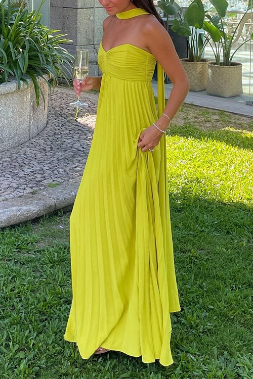 Women's Elegant Off-Shoulder Maxi Dress with Lacing & Pleats