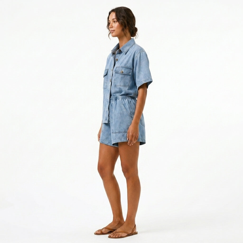 Blue Denim Two Piece Set Shirt and High-Waist Shorts