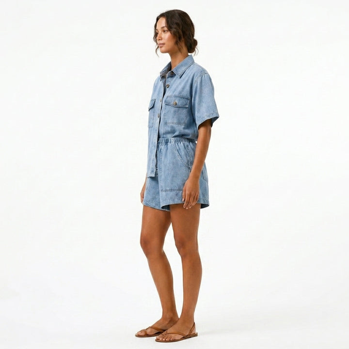 Blue Denim Two Piece Set Shirt and High-Waist Shorts