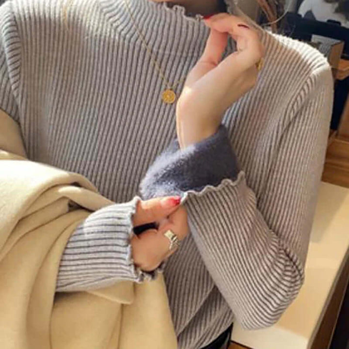 Women's Mock Neck Ruffled Hem Sweater, view 7 - Elena Harper