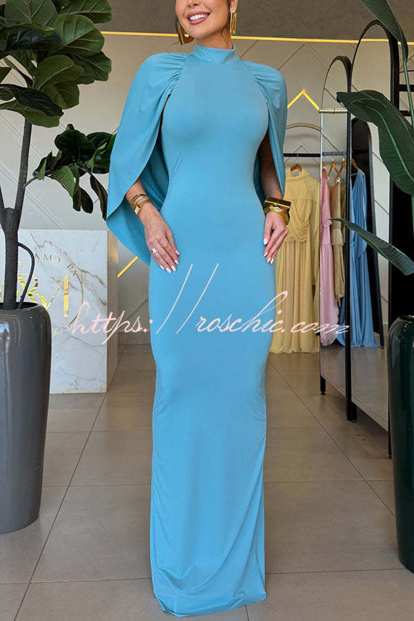 Mermaid High Neck Cape Sleeve Drape Open Back Evening Gown Maxi Dress