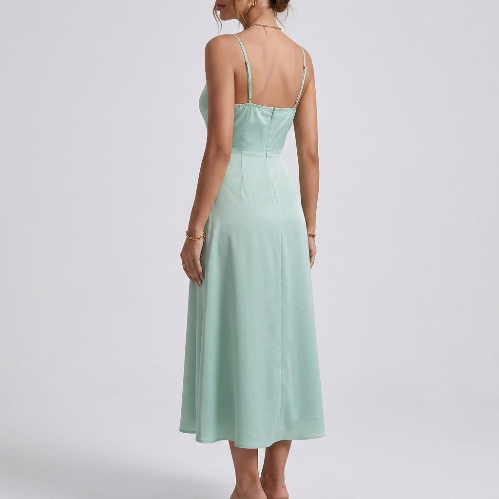 Cowl Neck Midi Dress Wedding Guest Mint Green Sleek Fit