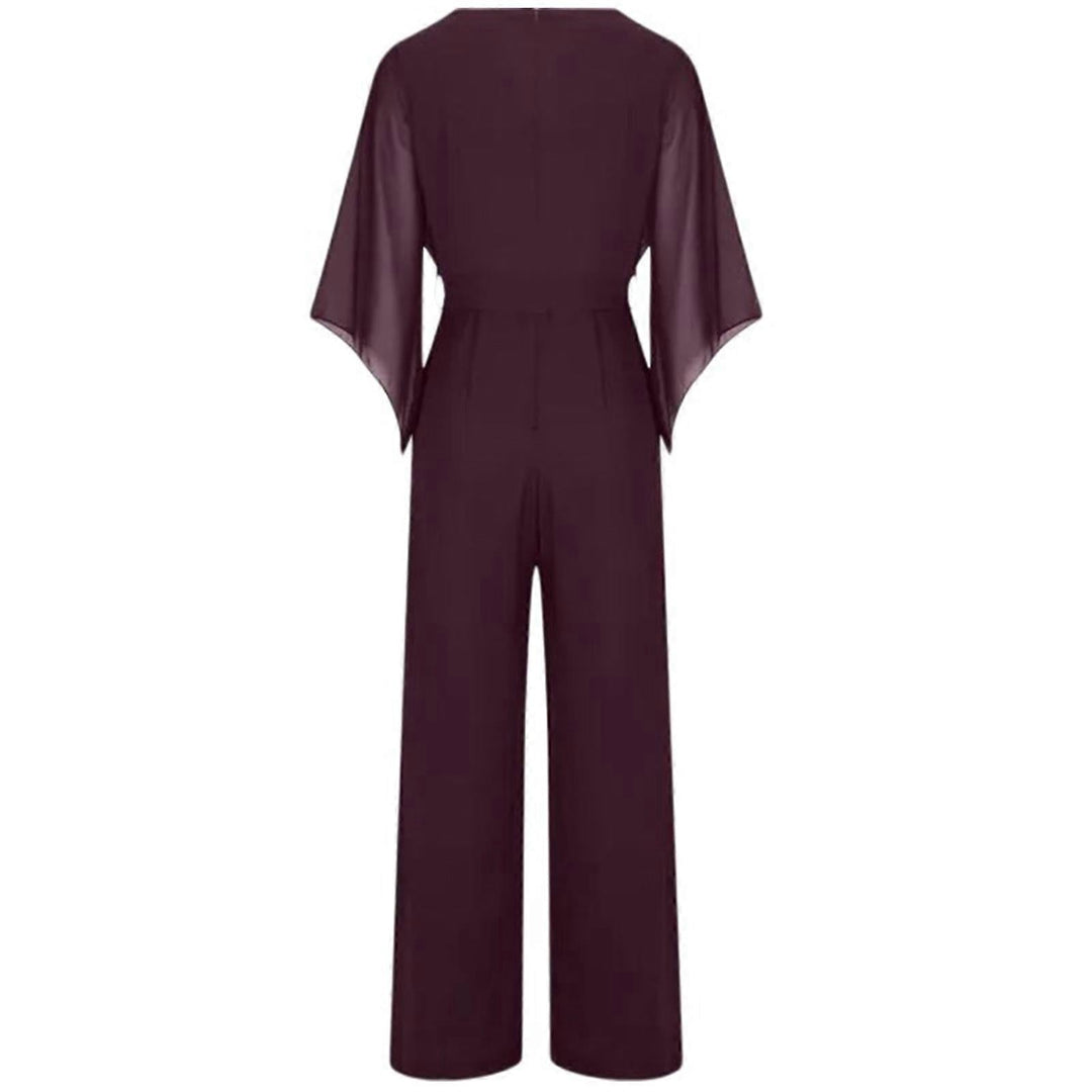Women's Wide-Leg Jumpsuit - Elegant Cascading Neckline & Lace-Up Waist