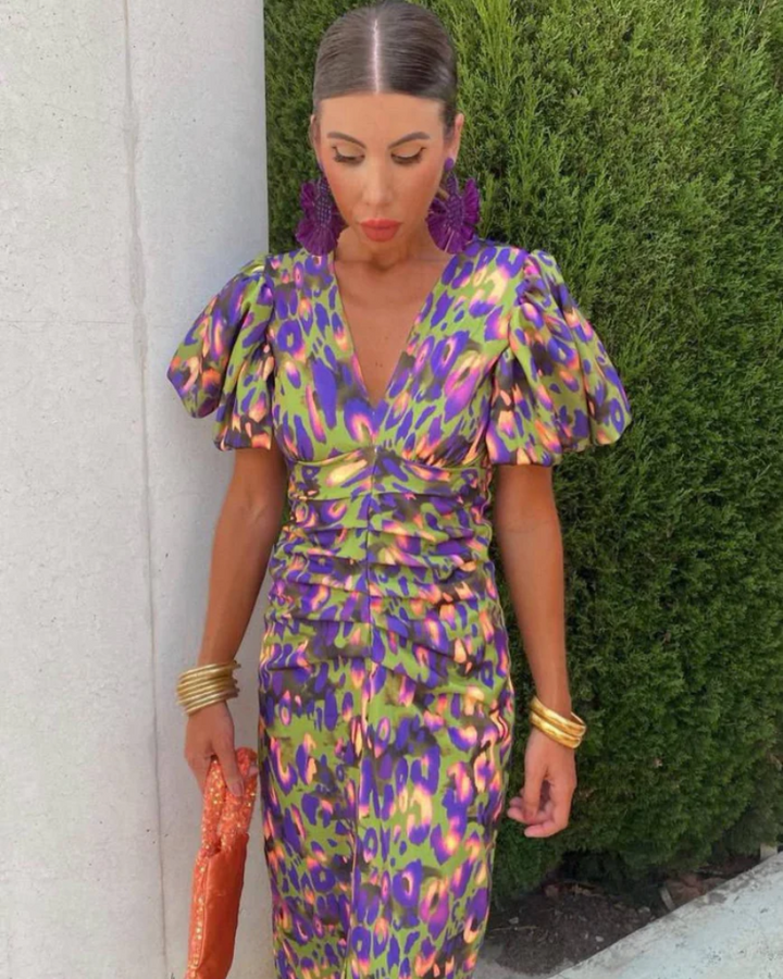 Haline Elegantly Cut Midi Dress with Puff Sleeves, view 6 - Elena Harper
