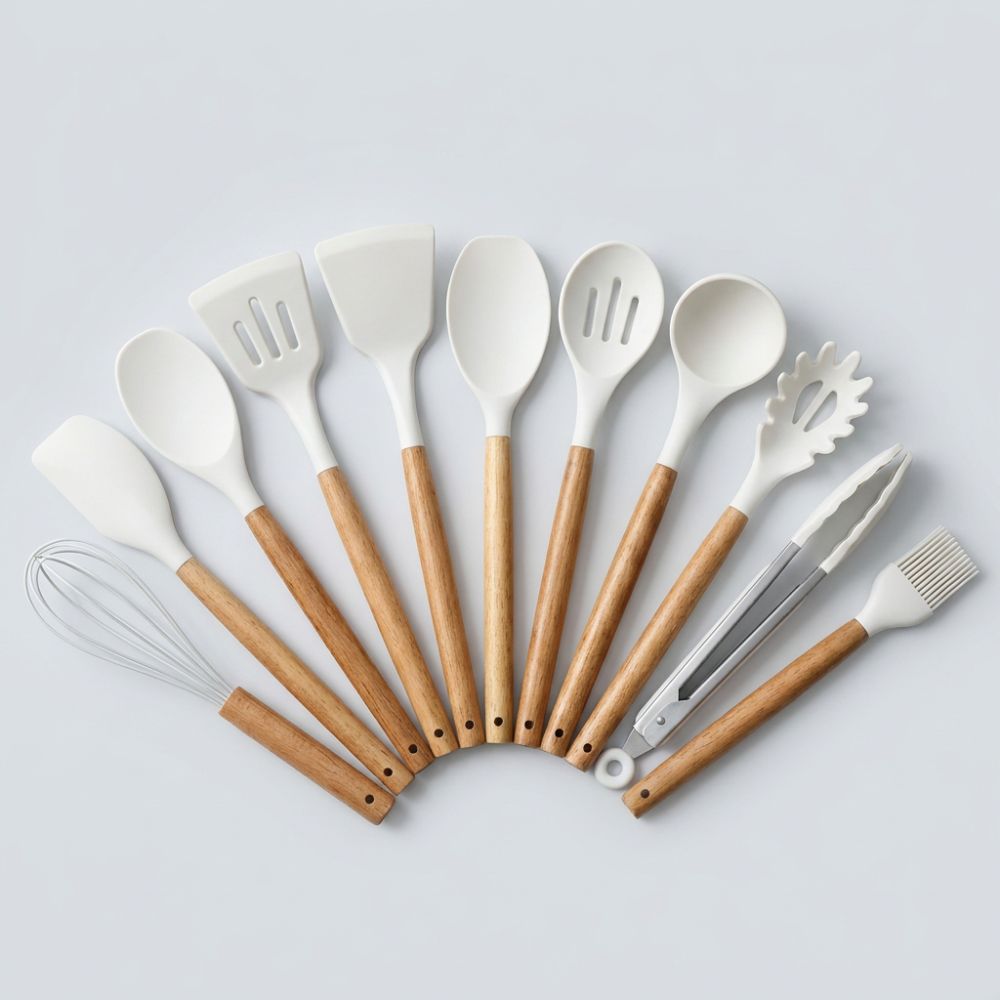Silicone Kitchen Utensil Set with Wooden Handles