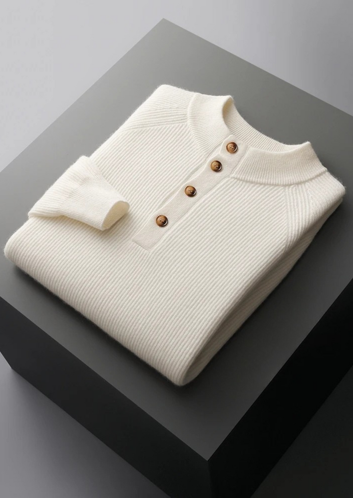 100% CASHMERE BUTTON SWEATER.