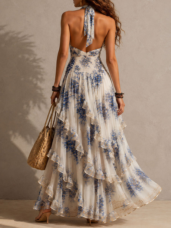 Women's Boho Blue Floral Halter Tiered Ruffle Maxi Dress