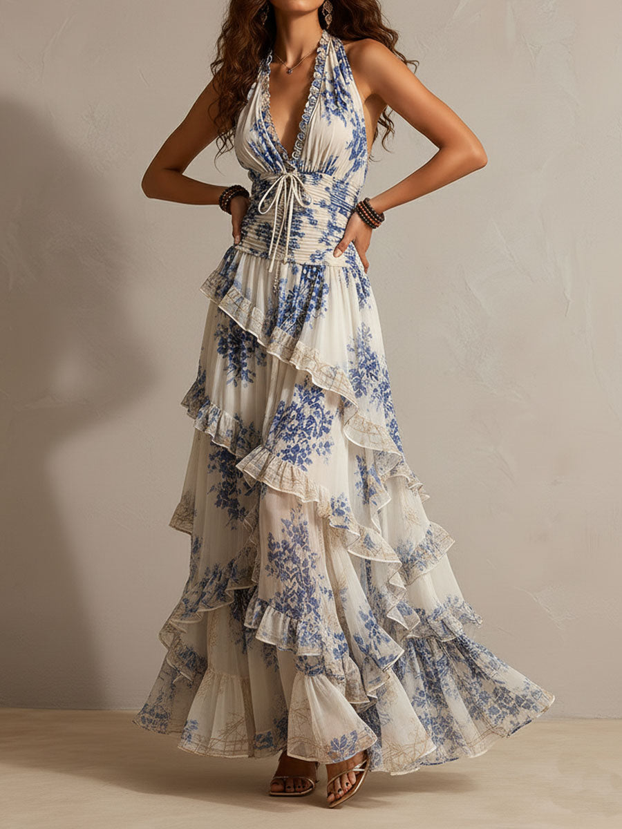Women's Boho Blue Floral Halter Tiered Ruffle Maxi Dress