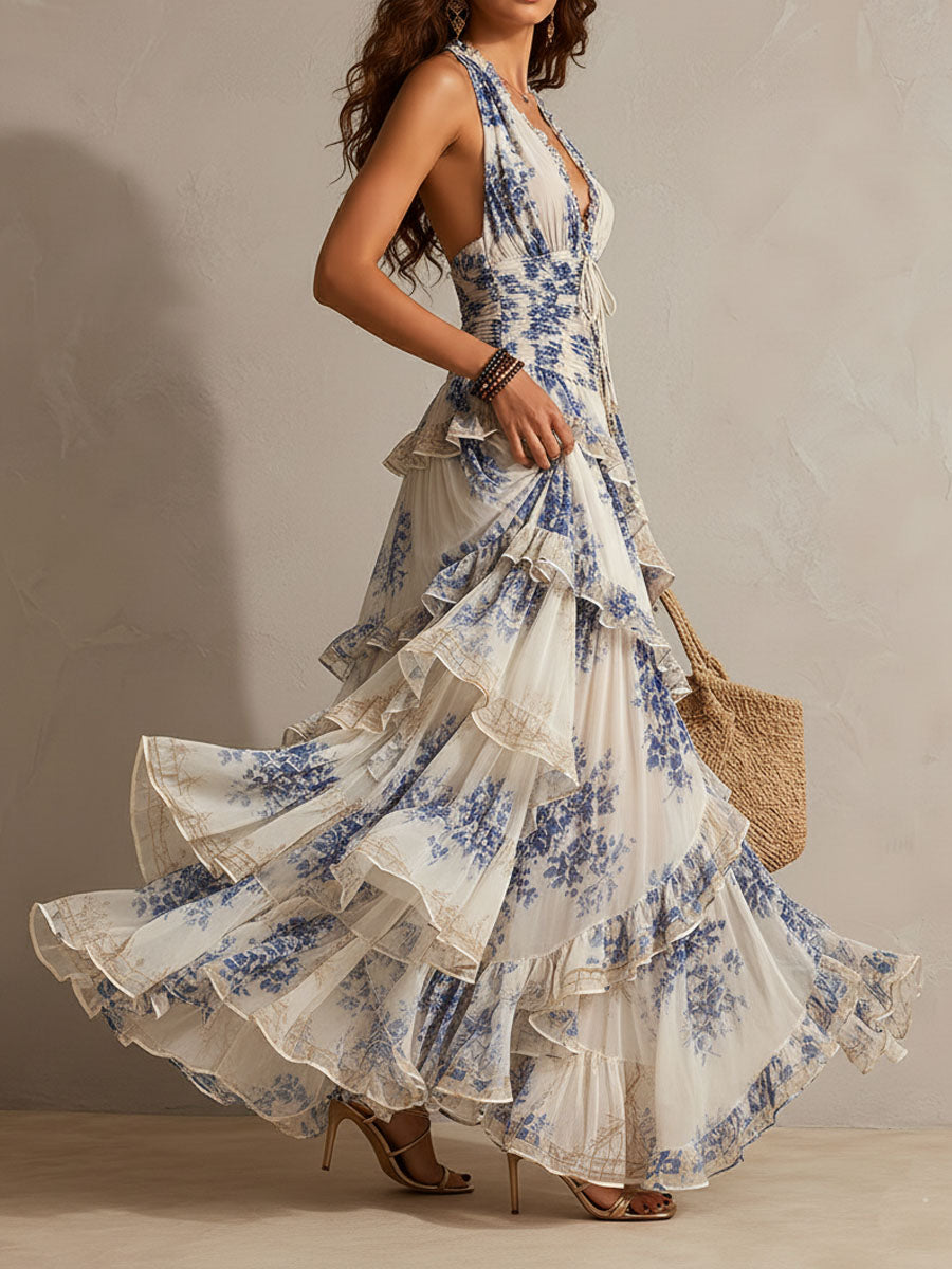 Women's Boho Blue Floral Halter Tiered Ruffle Maxi Dress