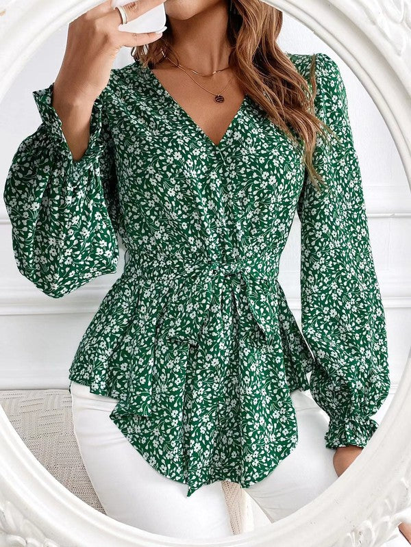 Elegant Long Sleeve Blouse with Floral Print and V-Neck for Women - Elena Harper