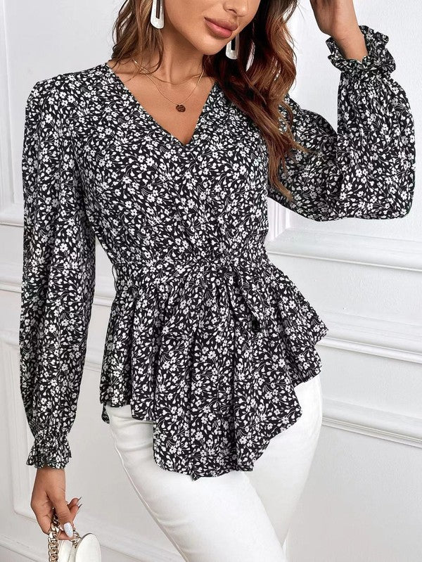 Elegant Long Sleeve Blouse with Floral Print and V-Neck for Women, view 2 - Elena Harper