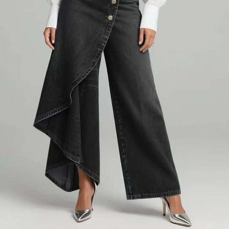 Gonna-Pants for Women in Washed Denim with Button Closure, view 4 - Elena Harper