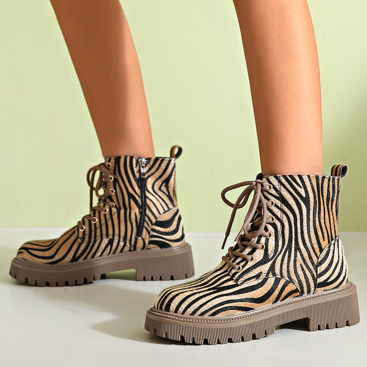 Women's Winter Lace-Up Ankle Boots with Animal Print - Samantha