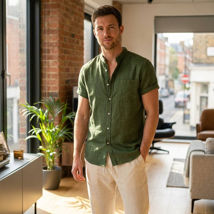 Linen Short Sleeve Shirt and Straight Pants for Men, view 2 - Elena Harper