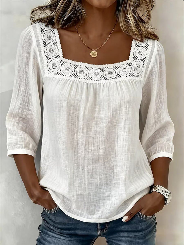 Women's Cotton and Linen Blouse with Square Neckline and Refined Lace