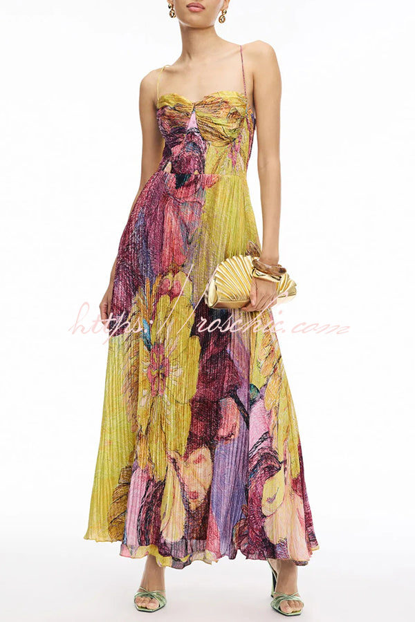 Vibrant and Bold Floral Print Sweetheart Neck Pleated Maxi Dress