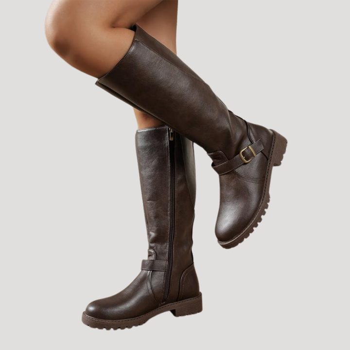 Women's High Boots with Buckle Strap and Treaded Sole