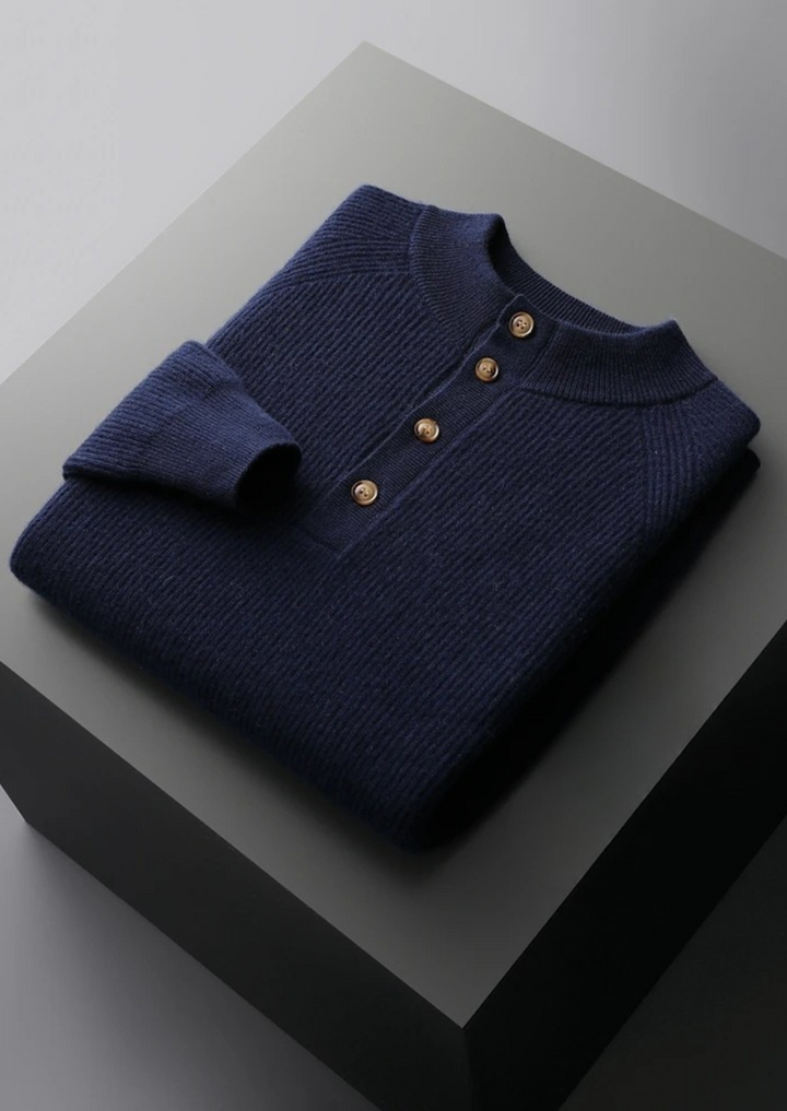 100% CASHMERE BUTTON SWEATER.