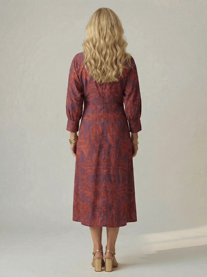 Emma & Rose Cape Town Lune™ Natural Wrap Midi Dress showing a flowy, midi-length dress with a wrap design and soft fabric.