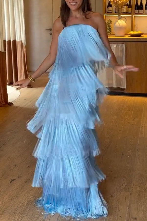 Party Queen Layered Tassel Design Off Shoulder Back Tie-up Maxi Dress (Shipped Within 24 Hours)