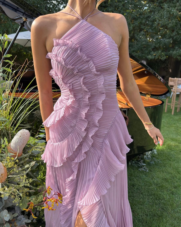 Women's Summer Dress with Open Back, Bow at Waist, and Ruffled Hem
