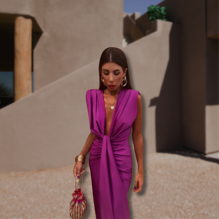 Elegant long women's dress draped V-neck sleeveless slit chic evening