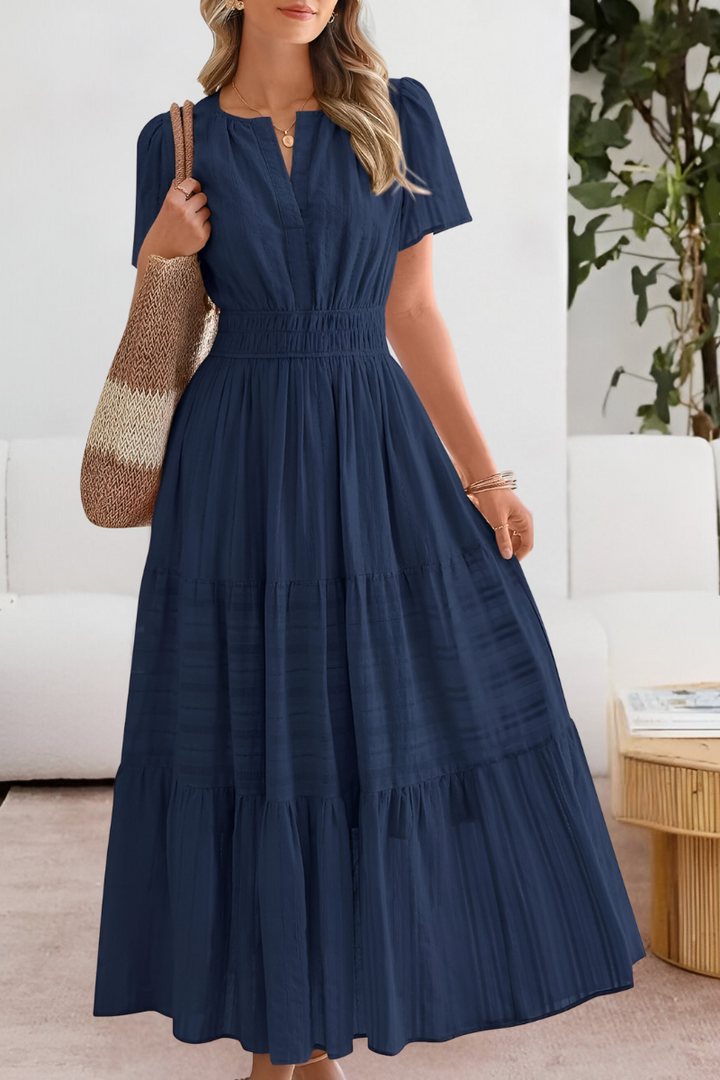 Women's Bohemian Smocked Midi Dress - Short Sleeve Comfort