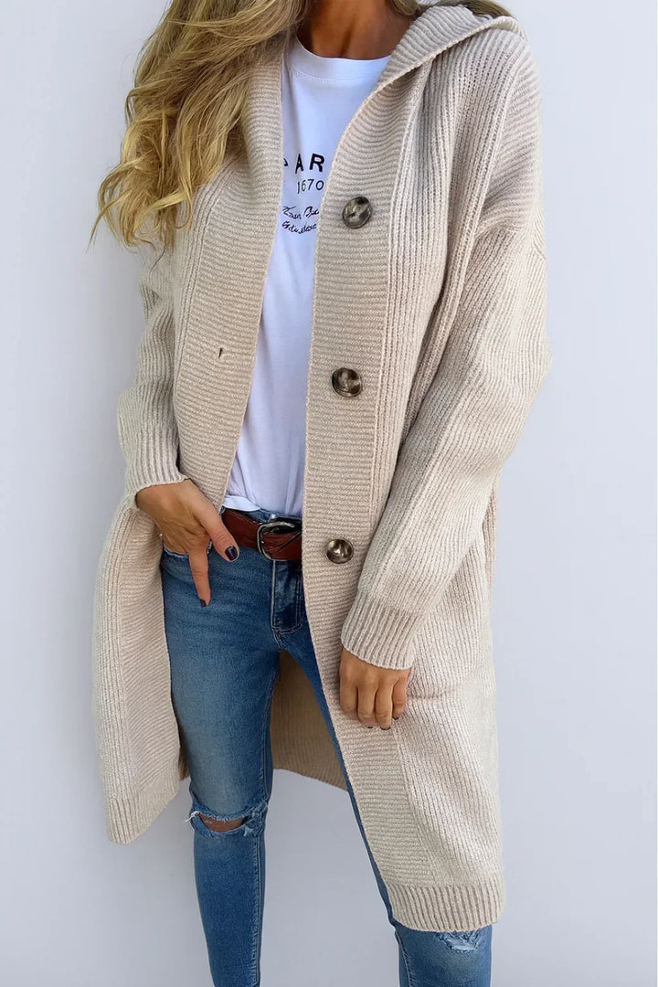 Sophie - Elegant Long Buttoned Hooded Cardigan
