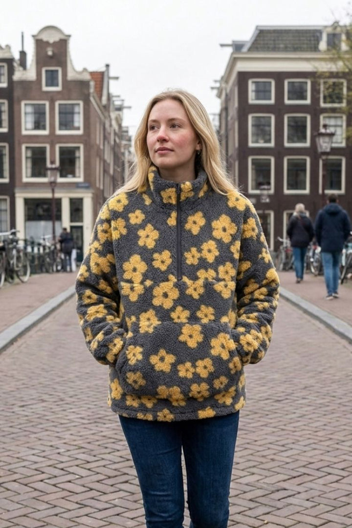 Women's Oversized Sweater with Floral Pattern | High Neck & Loose Fit