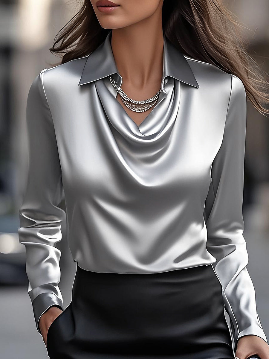 Women’s Tailored Blouse – With Draped Neckline, Suitable for Work and Everyday Use