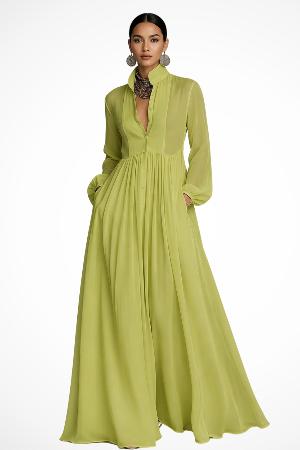 Ladies Maxi Dress Long Sleeve with Buttons and Pockets, view 7 - Elena Harper