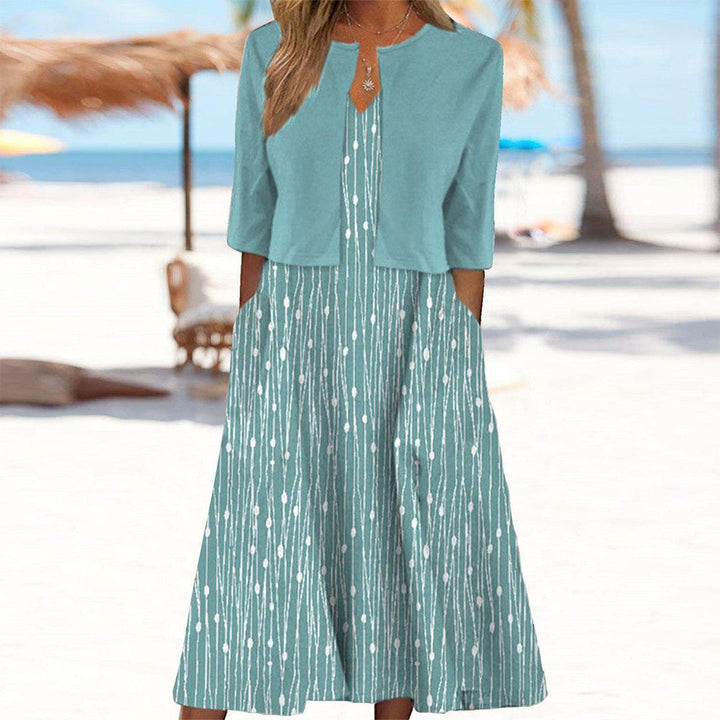 Unique Blue Plant Print Midi Dress With Jacket - Elena Harper