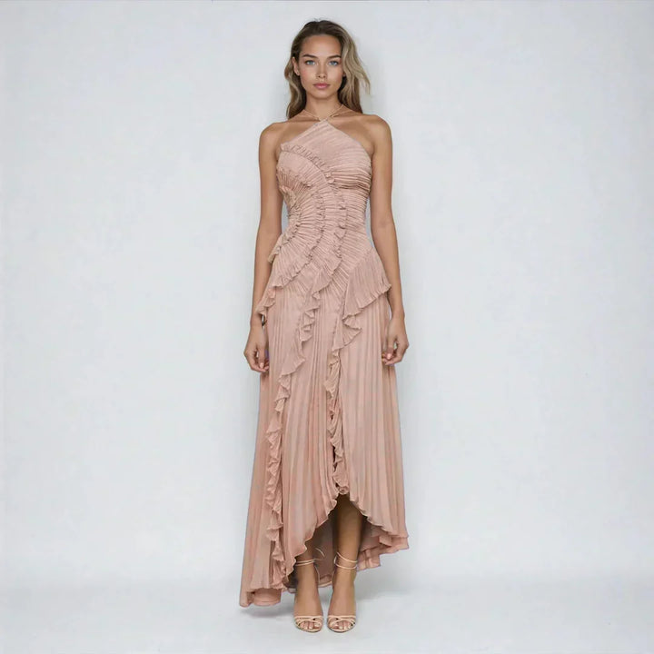 Elegant Asymmetrical Ruffled Long Pleated Dress for Women, view 8 - Elena Harper