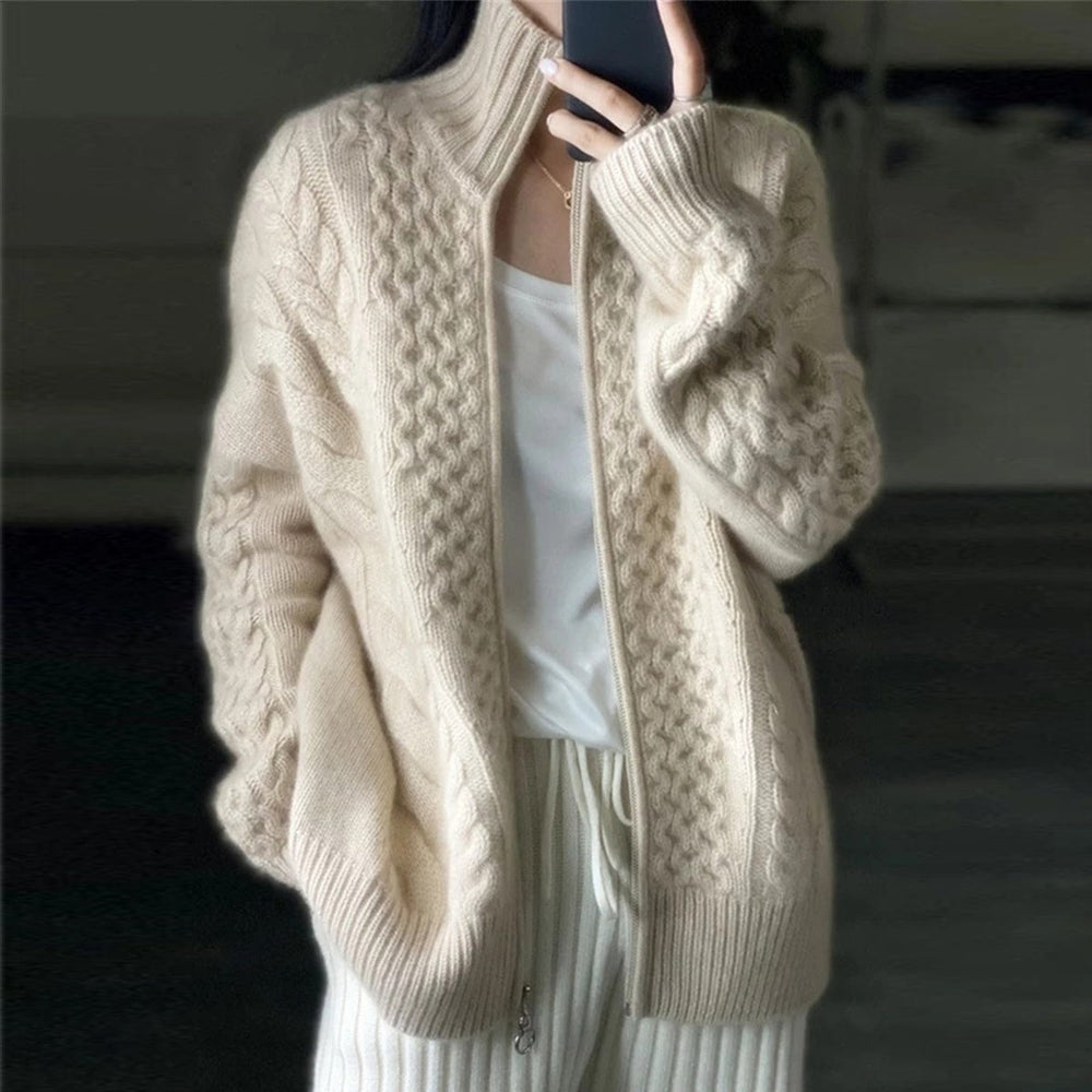 Women's Cable-Knit Cardigan with High Neckline