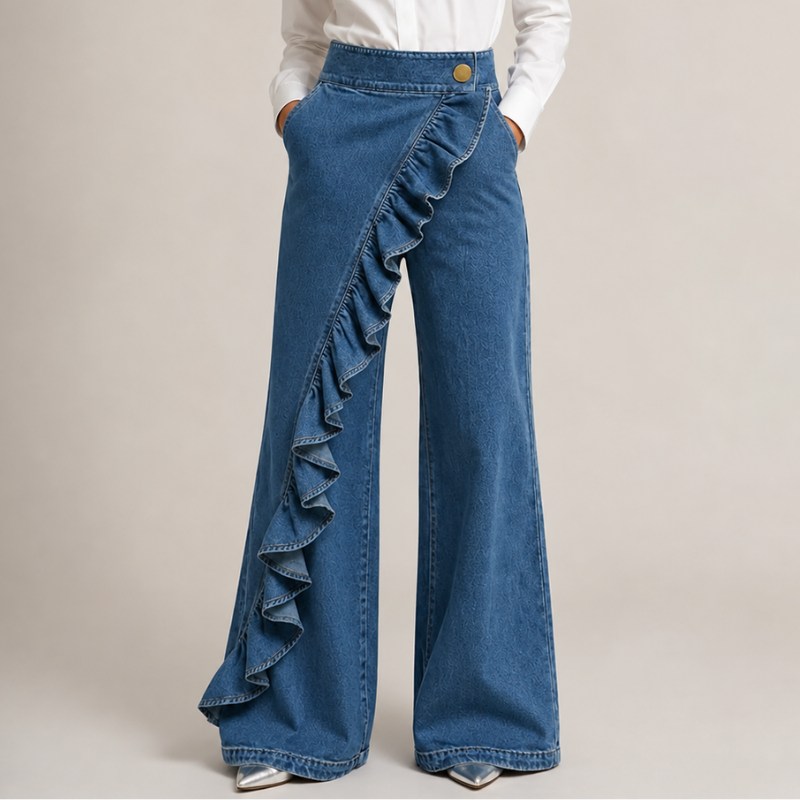 Wide Denim Pants for Women with Asymmetrical Ruffles
