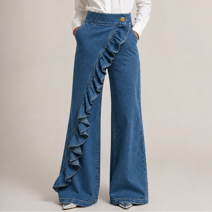 Wide Denim Pants for Women with Asymmetrical Ruffles