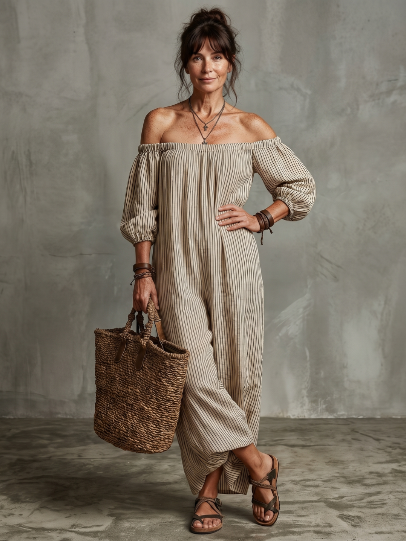 Euphemia Striped Pattern Off Shoulder Maxi Dress - Elena Harper